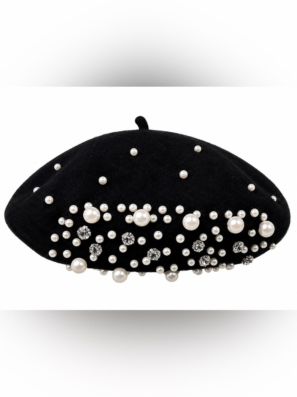 Pearl & Crystal Embellished Wool Blend Beret